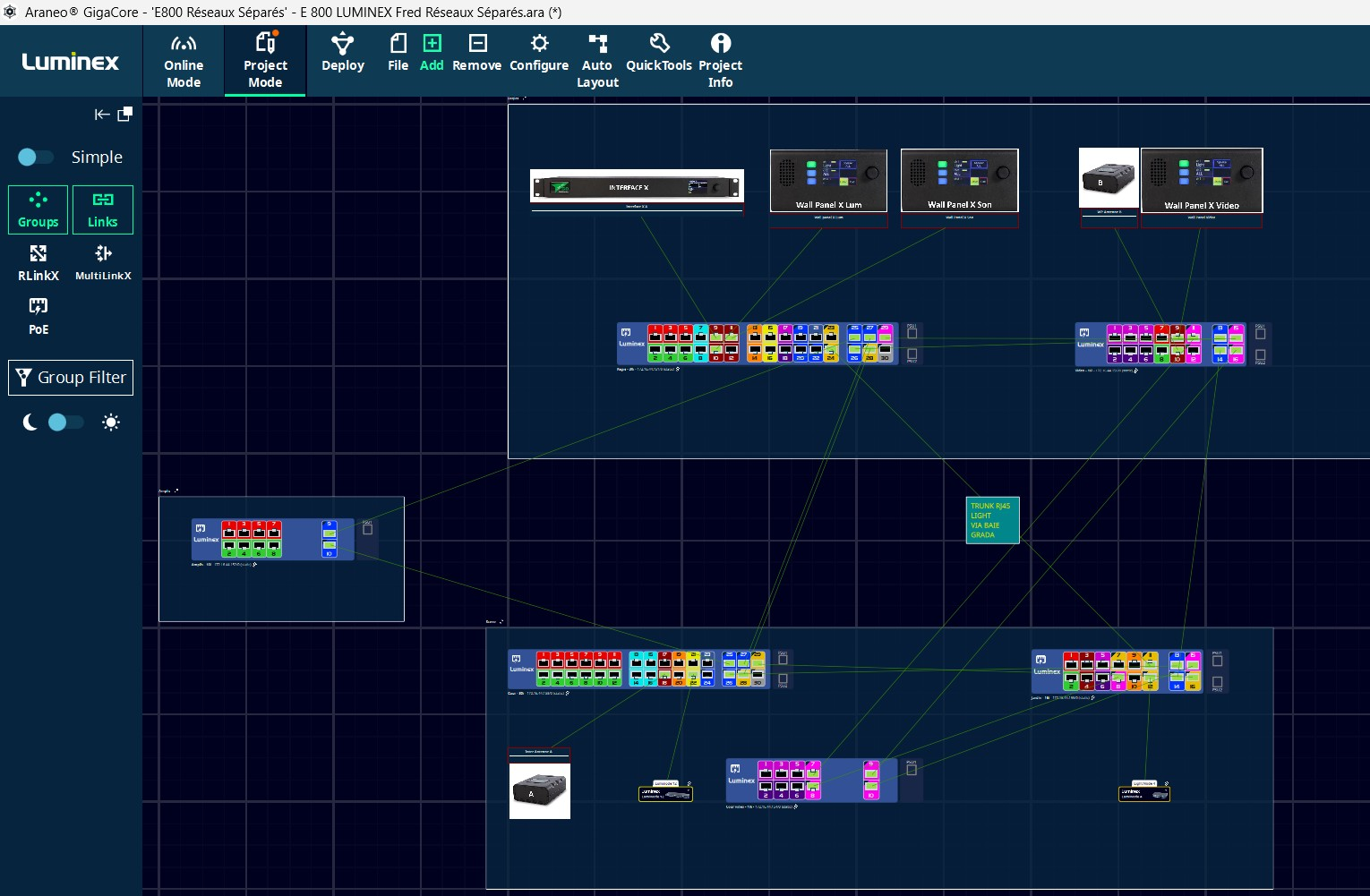 Schéma Araneo GigaCore – réseaux séparés Luminex (Théâtre La Fleuriaye).